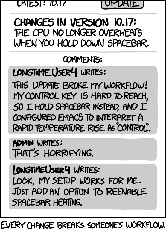 xkcd 1172: workflow. A comic strip showing a user who is upset that holding the space bar no longer makes their computer overheat because they relied on that behaviour