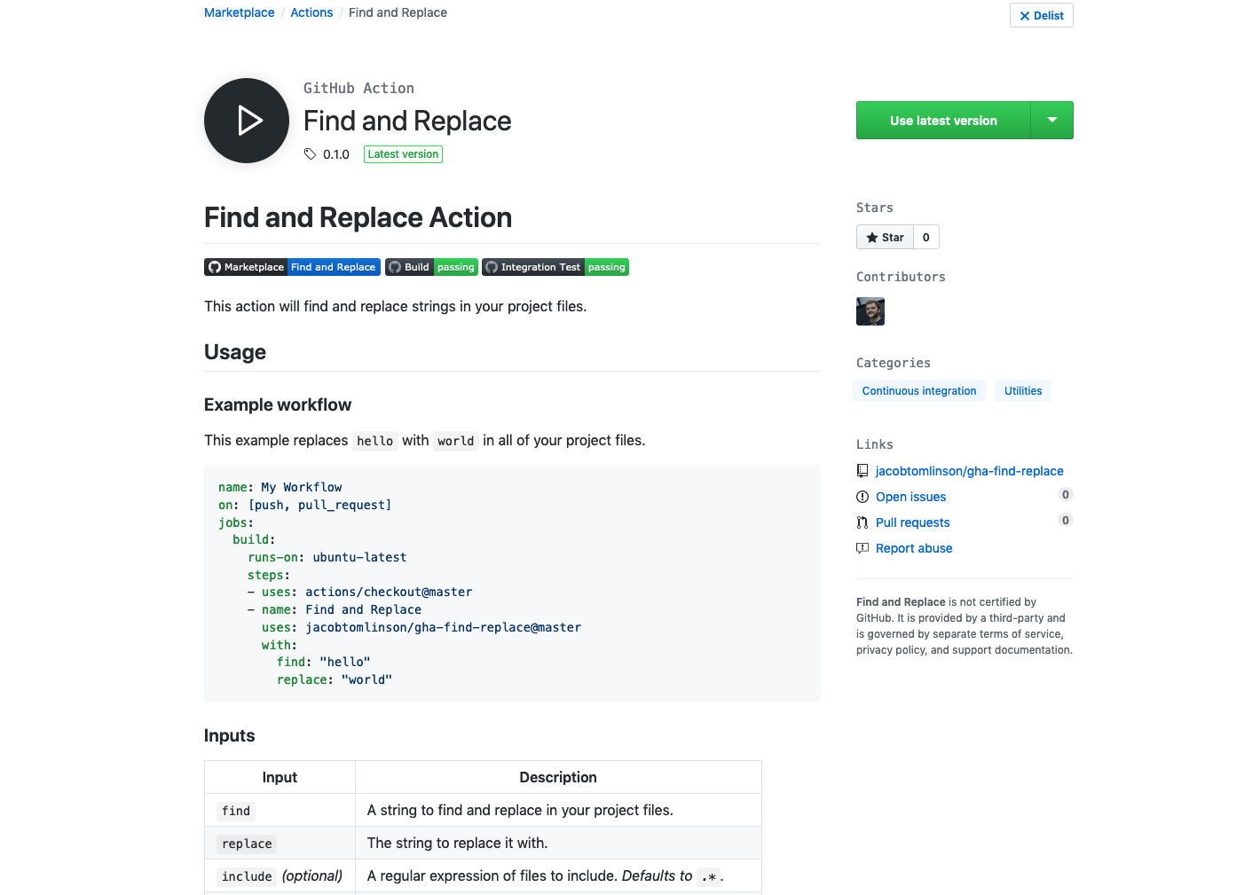 Marketplace listing for Find and Replace
