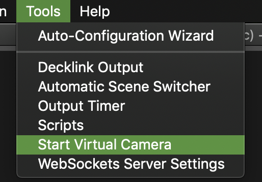 OBS Studio Start Virtual Camera menu
