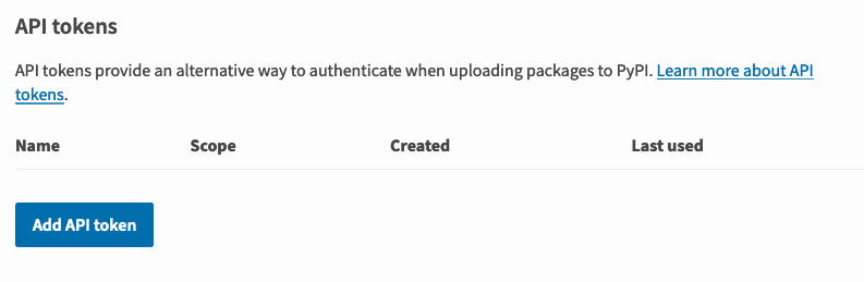 PyPI API Tokens Page