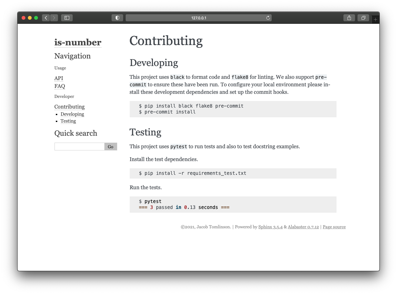 Screenshot of Sphinx preview showing the Contributing page