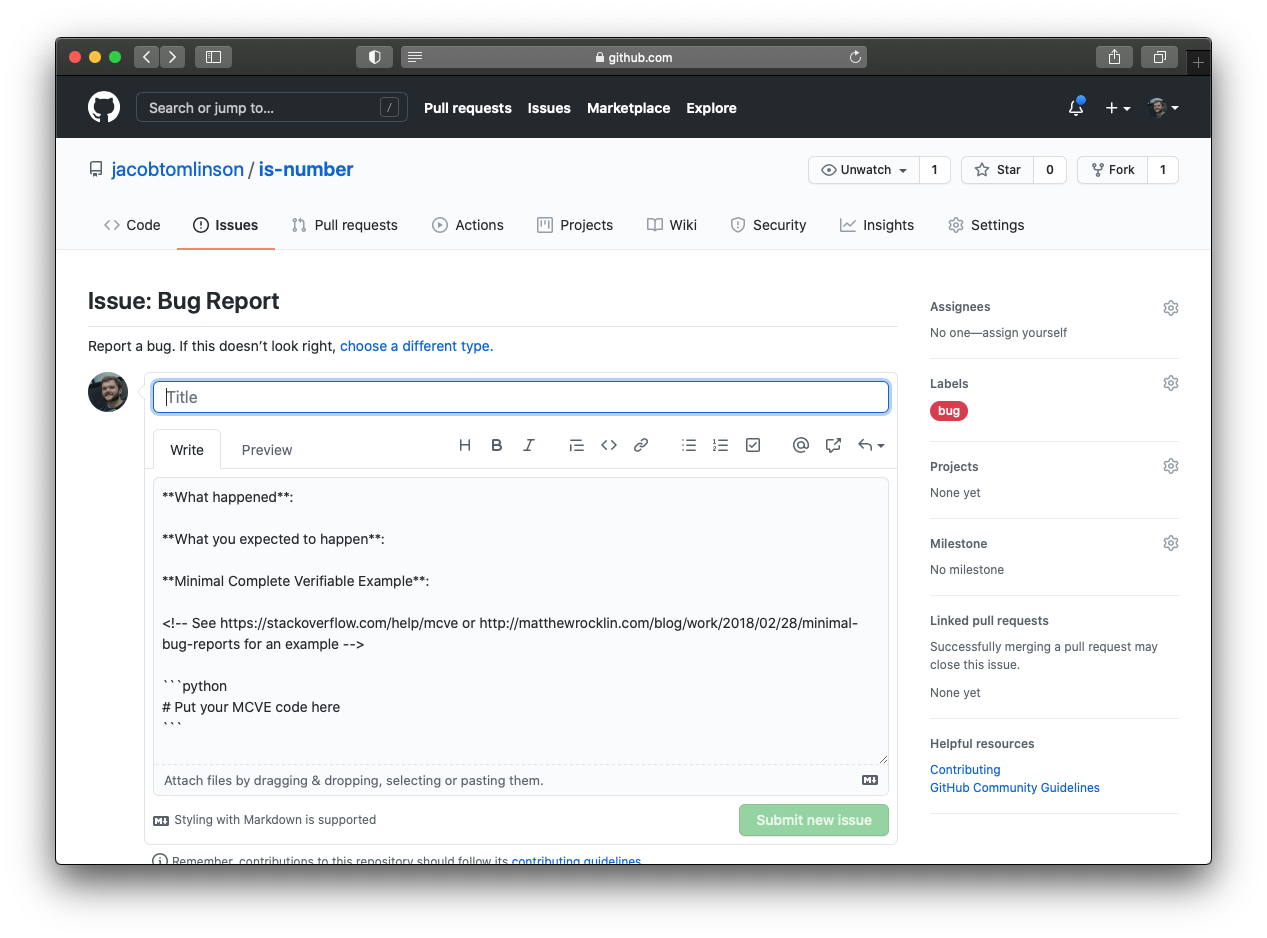 Screenshot of new issue with contributing guidelines link