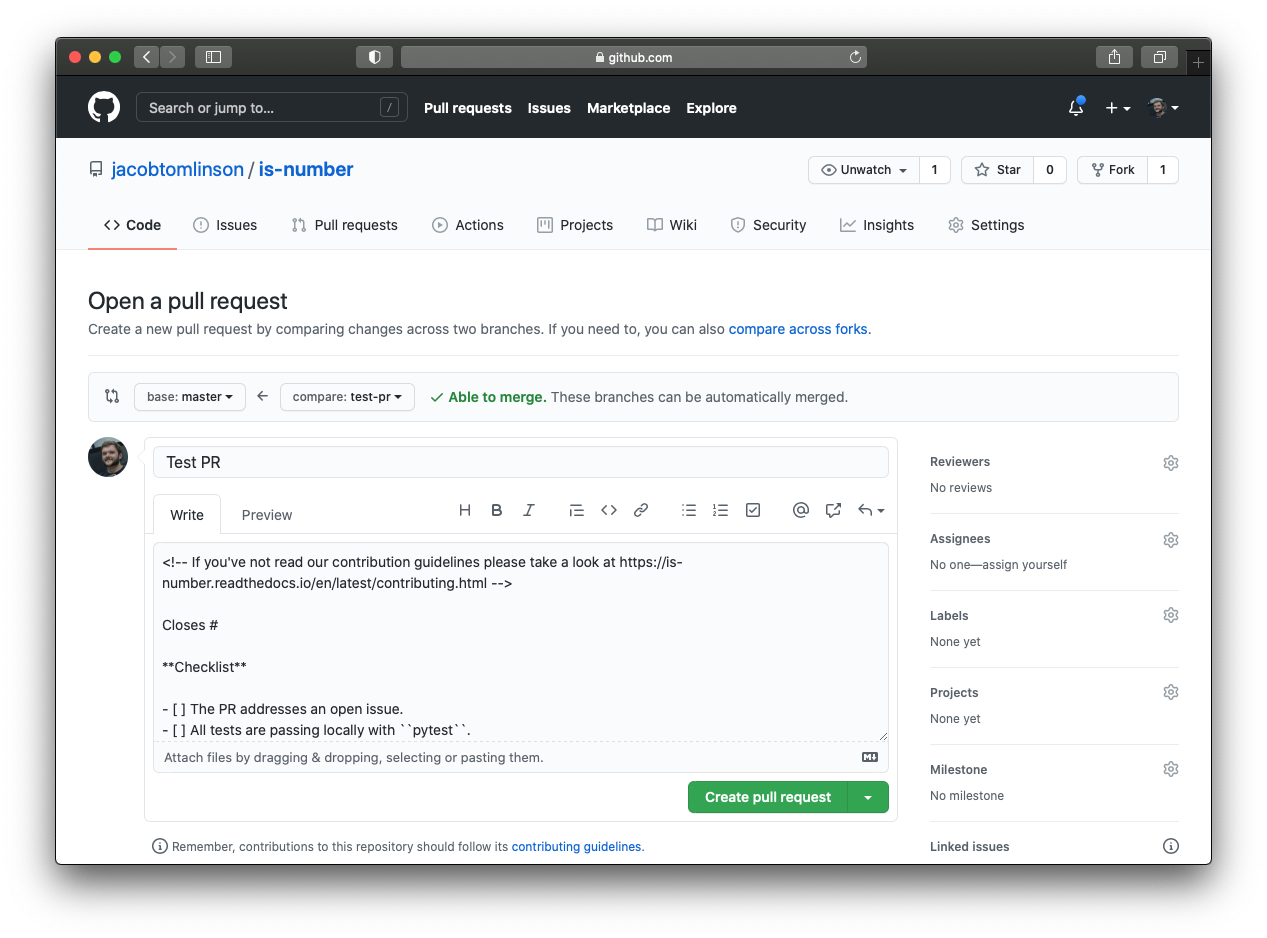 Screenshot of new PR with template filled in