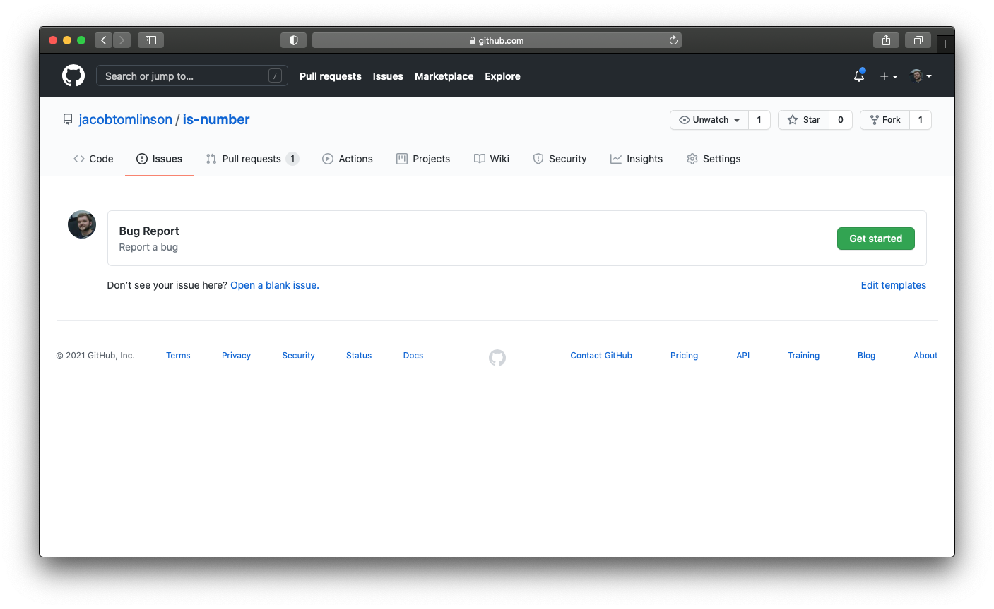 Screenshot of issue template selection page