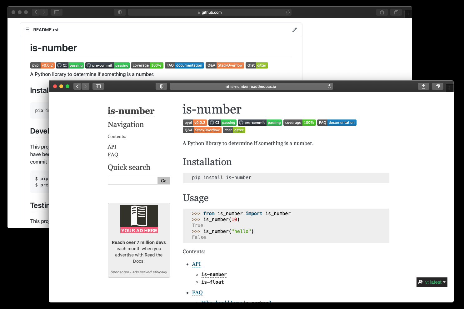 Screenshot of both GitHub and our documentation showing the new badges