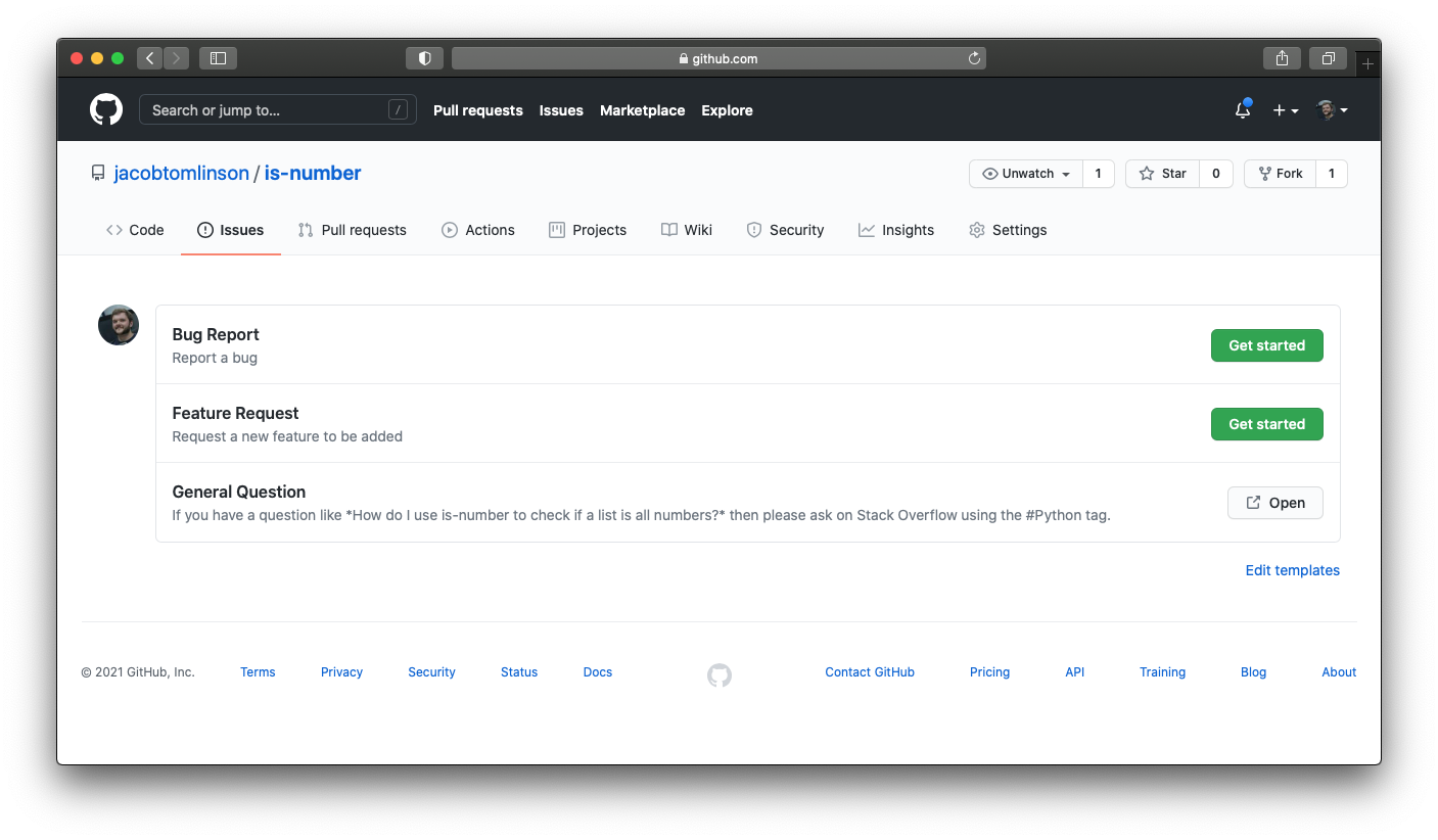 GitHub create issue page with bug, feature and StackOverflow options