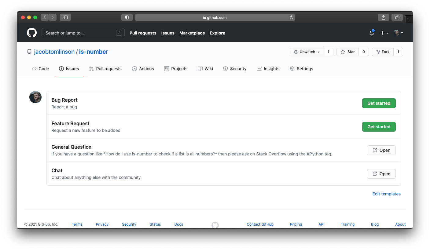 GitHub create issue page with bug, feature, StackOverflow and Gitter options
