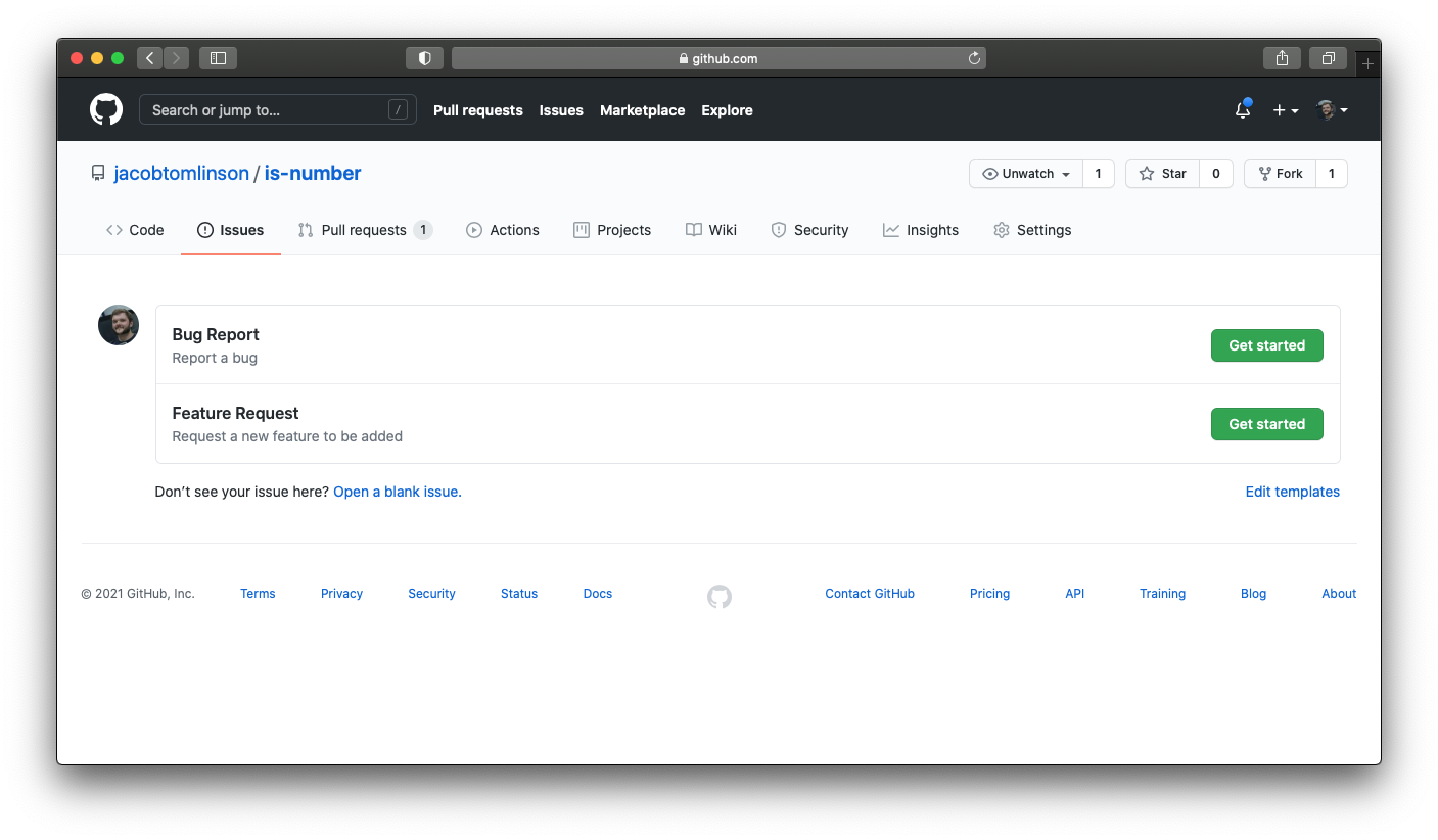 GitHub create issue page with bug and feature options