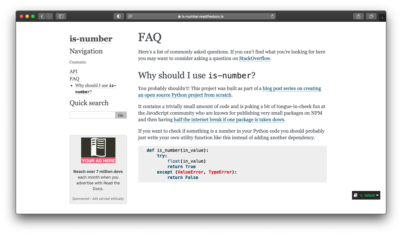 Screenshot of the is-number FAQ page