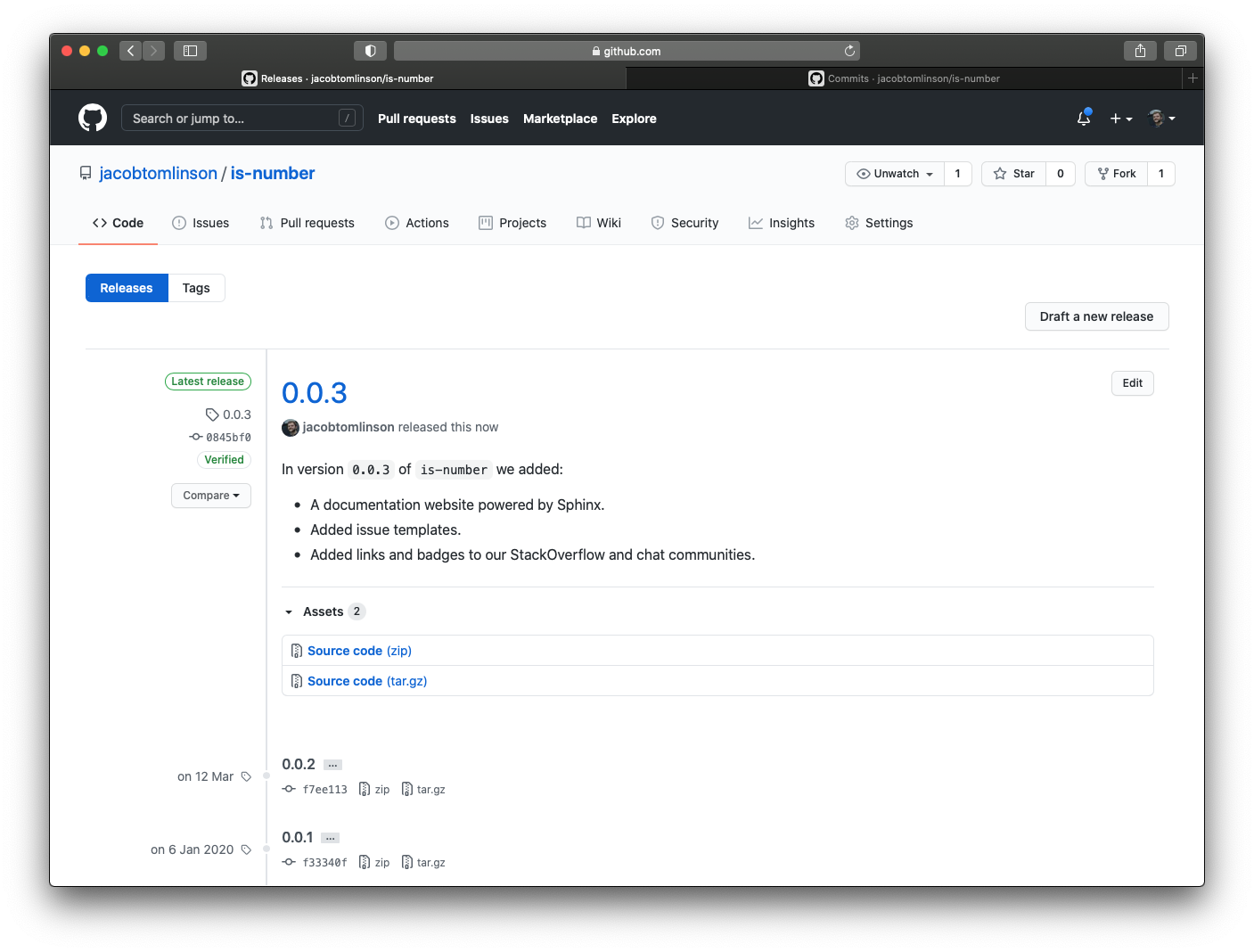 Screenshot of is-number releases page with 0.0.3 showing more information than the other releases