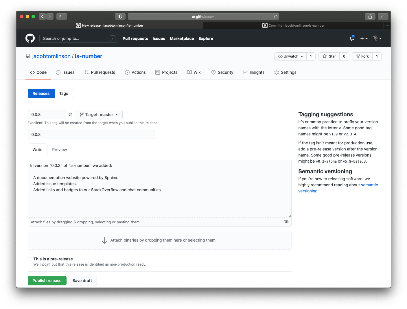 Screenshot of the draft a new release page with 0.0.3 information filled in
