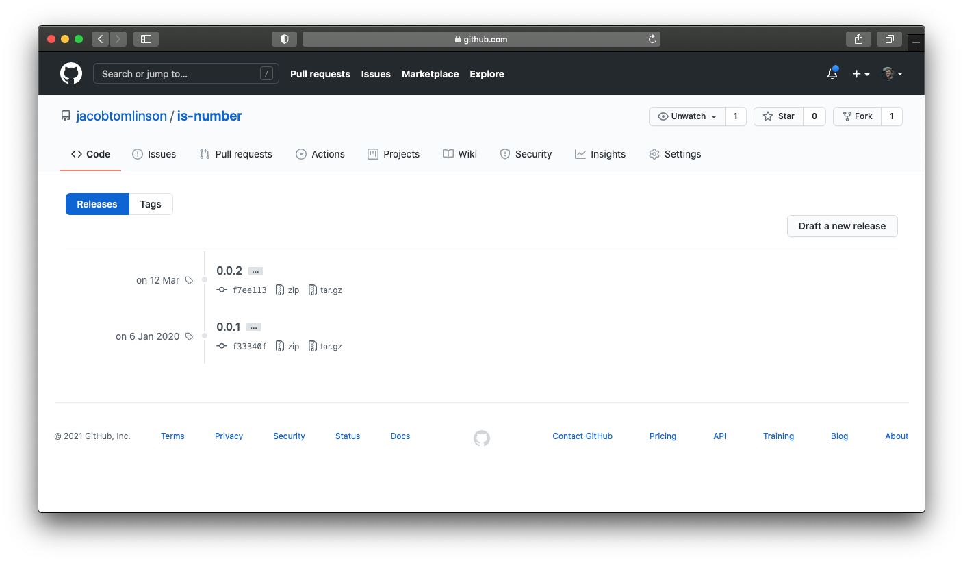 Screenshot of the is-number releases page on GitHub