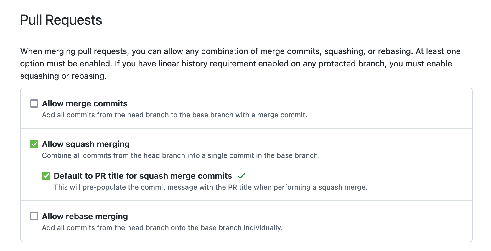 Screenshot of the GitHub configuration page showing only “squash and merge” is enabled