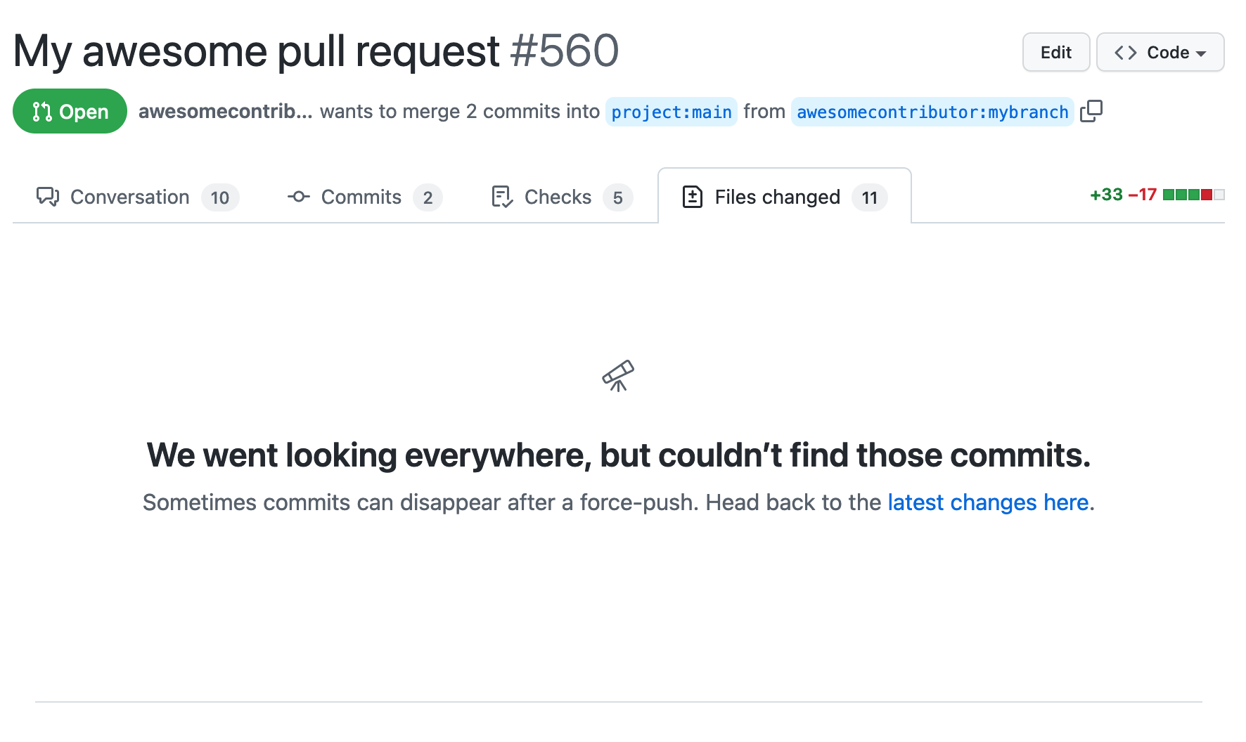 Screenshot of the “We went looking everywhere, but couldn’t find those commits” page on GitHub