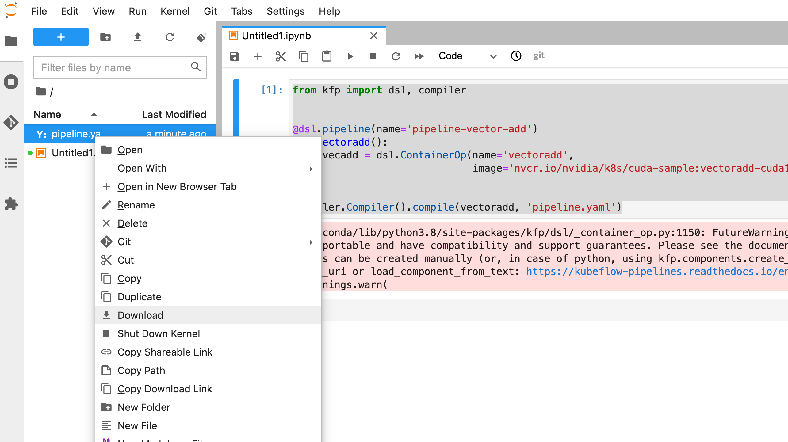Downloading the pipeline.yaml file