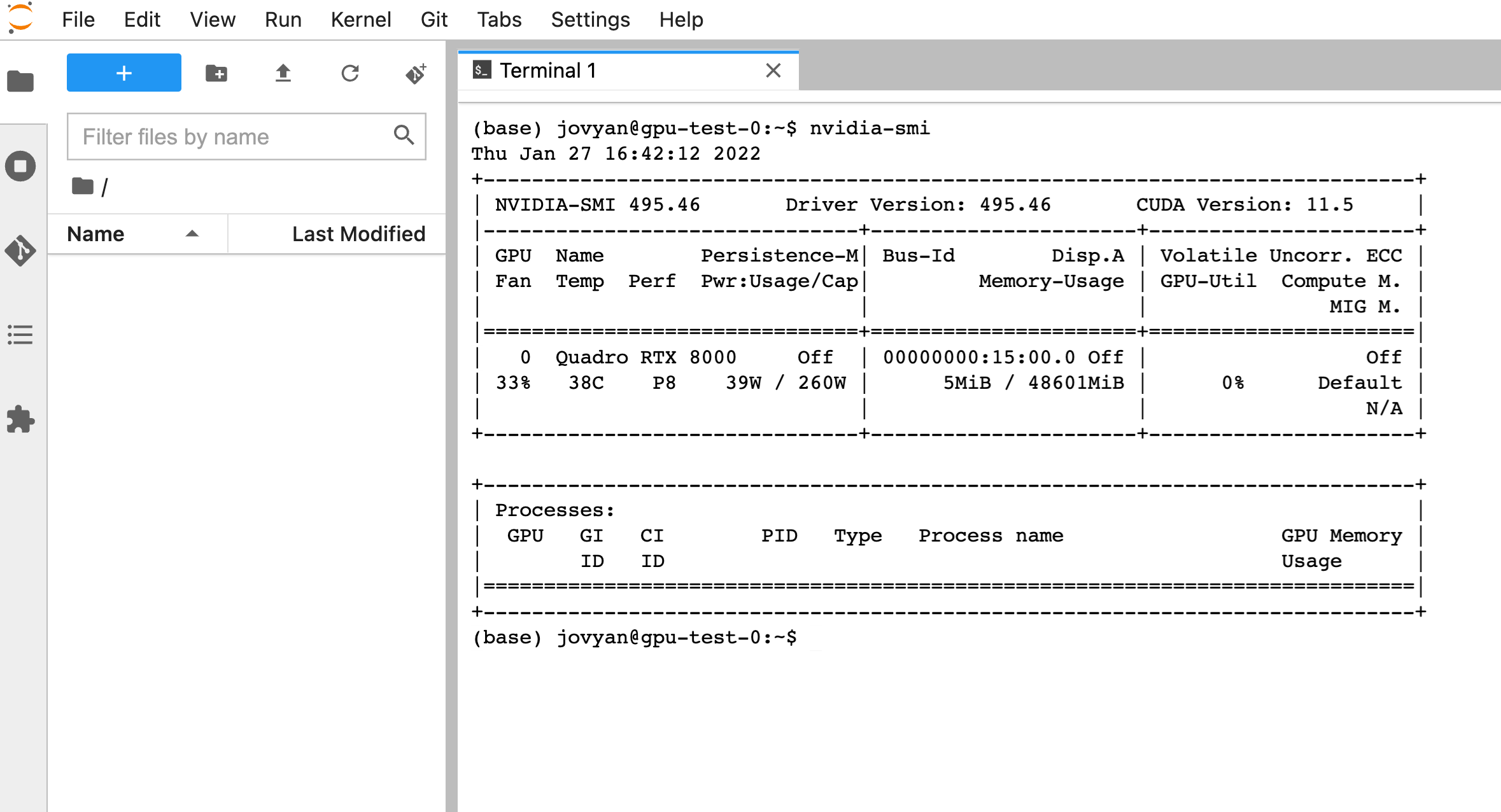 NVIDIA SMI command in Jupyter showing one GPU