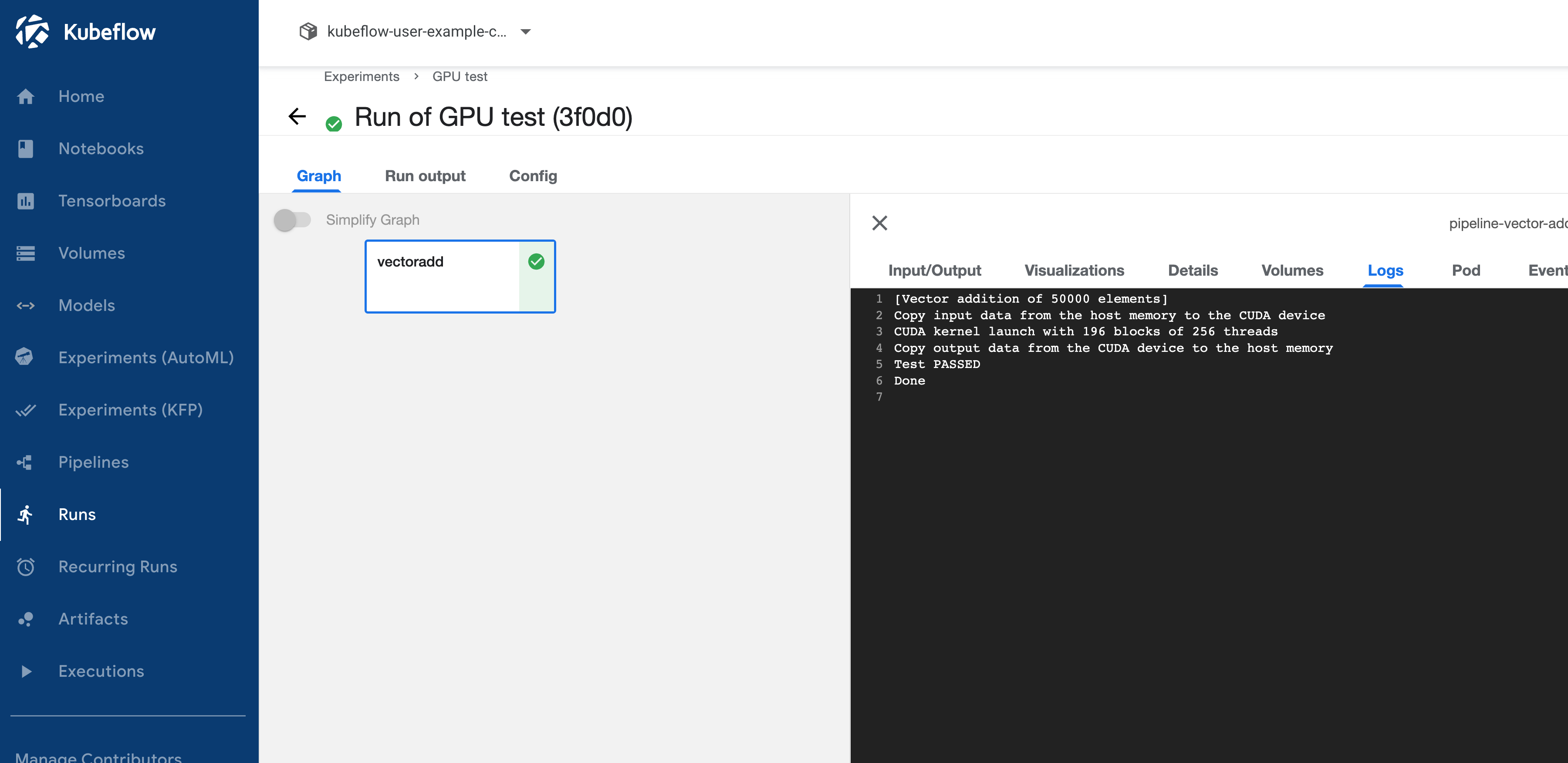 Our successful run showing the vector add output logs