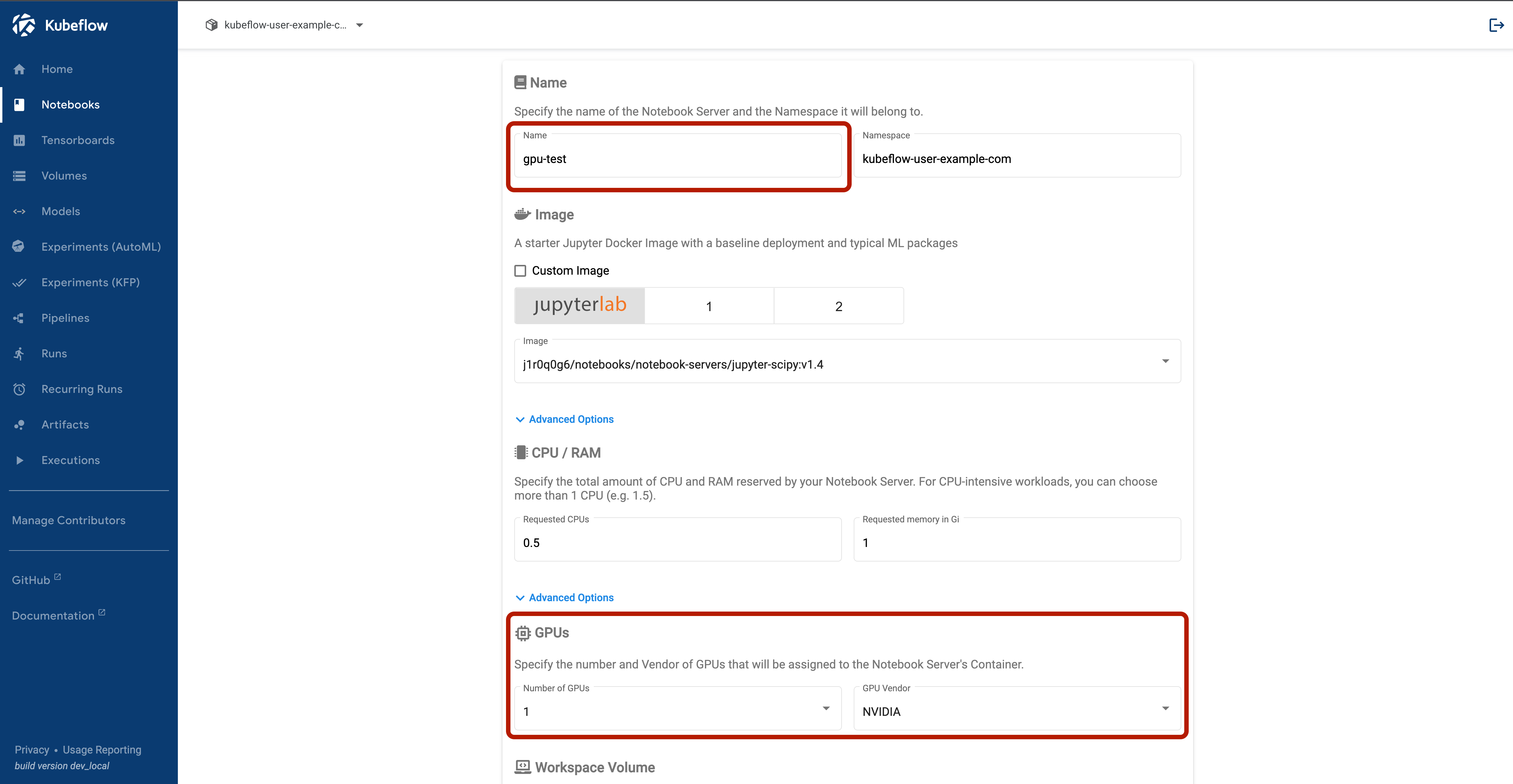 Creating a notebook server called gpu-test with one GPU