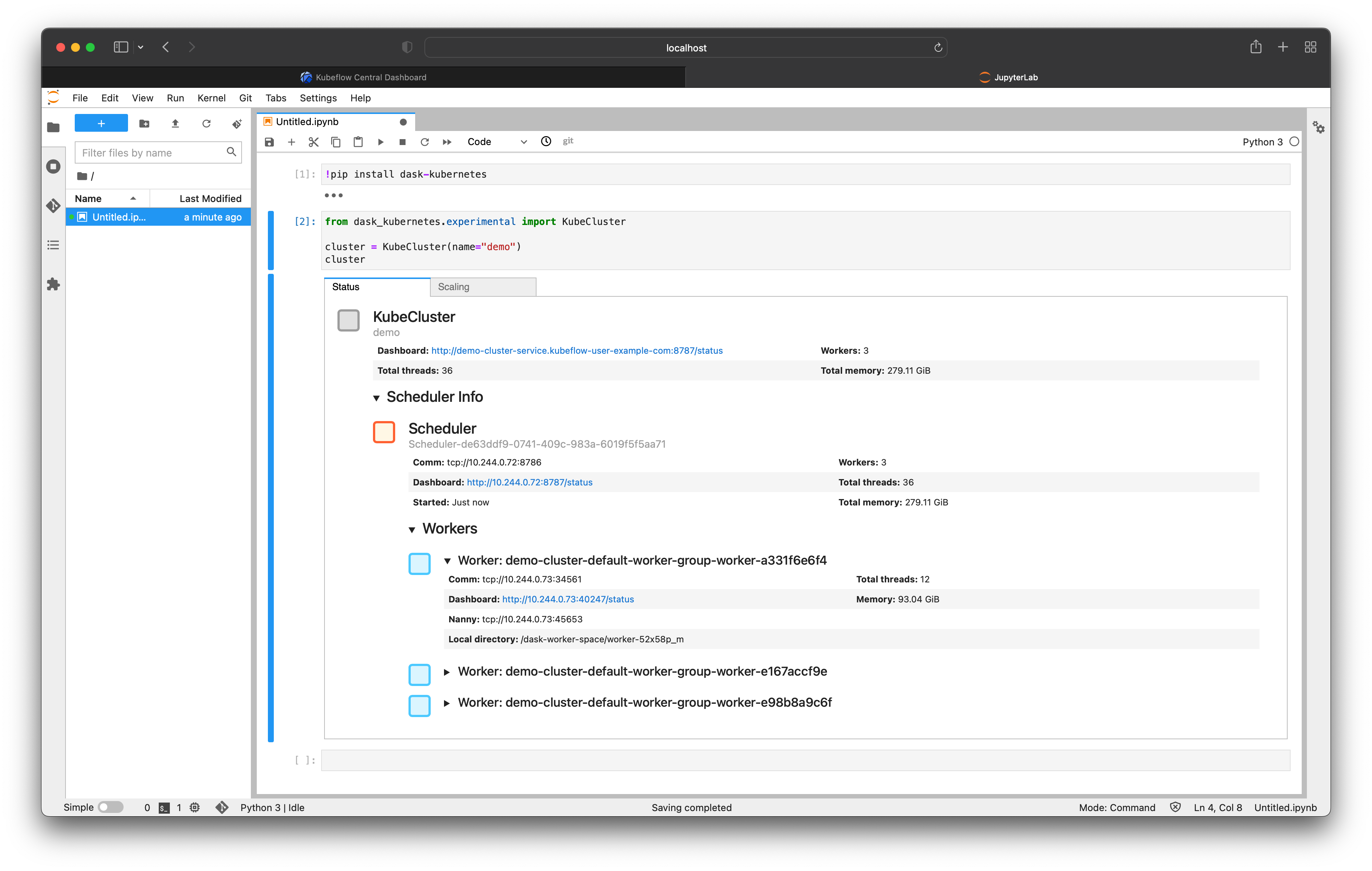 Dask cluster widget showing three workers