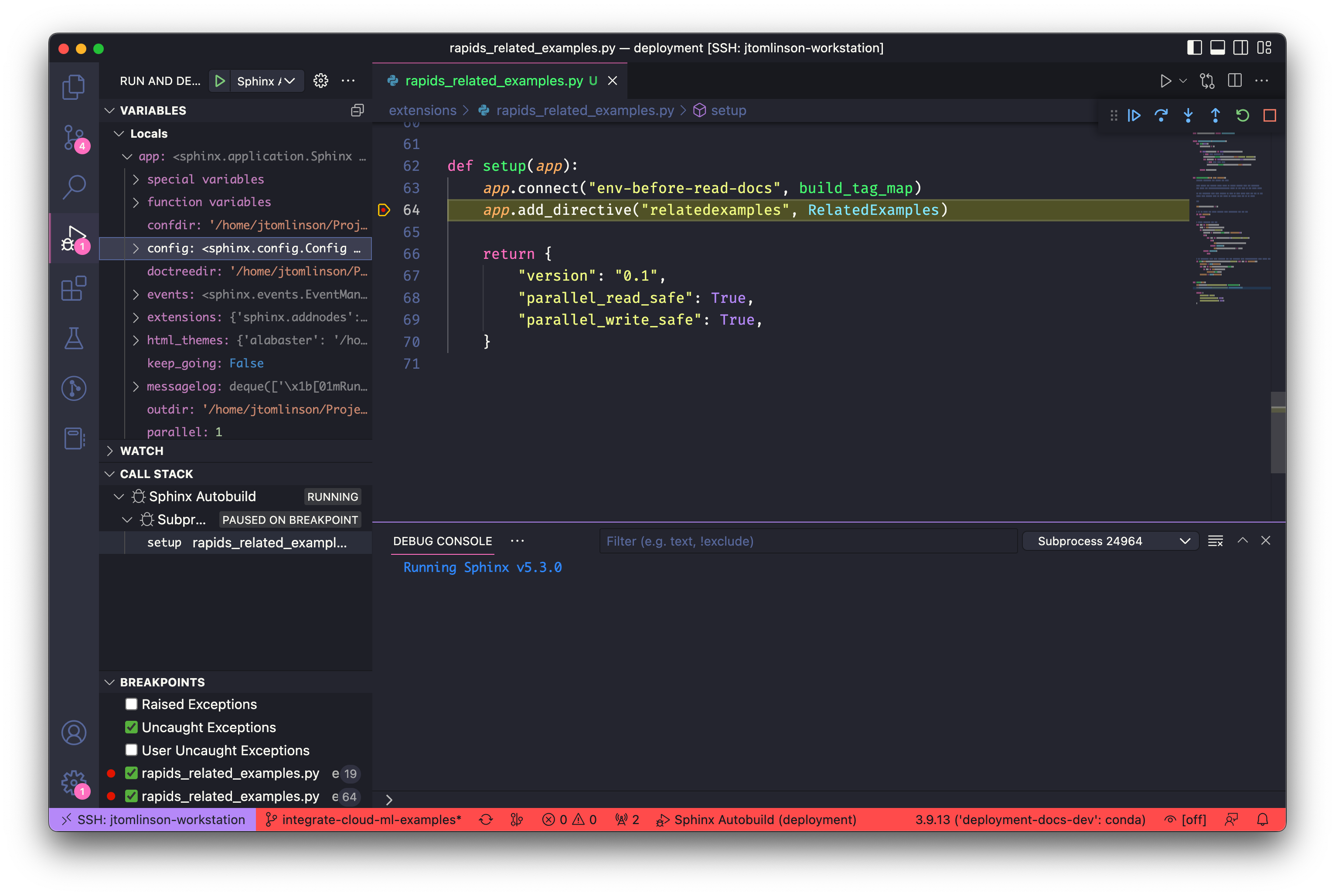 VSCode window showing the debugger paused on a breakpoint in a custom extension
