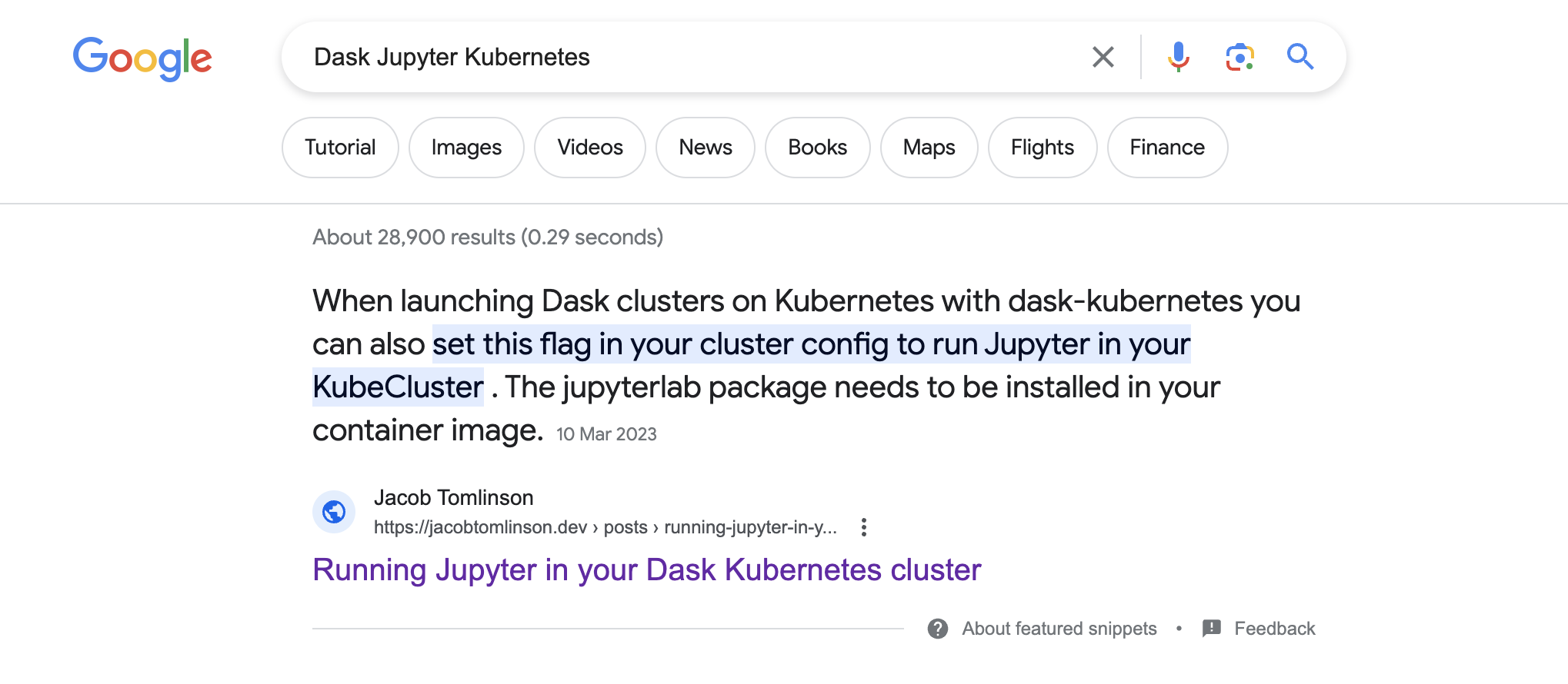 Screenshot showing a Google search for &ldquo;Dask Jupyter Kubernetes&rdquo; with my blog post as the top result with a featured snippet