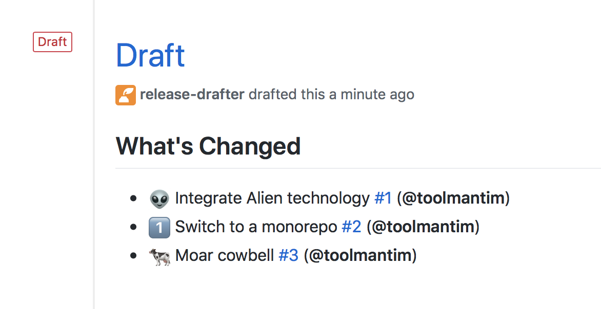 Screenshot of a draft release created by Release Drafter
