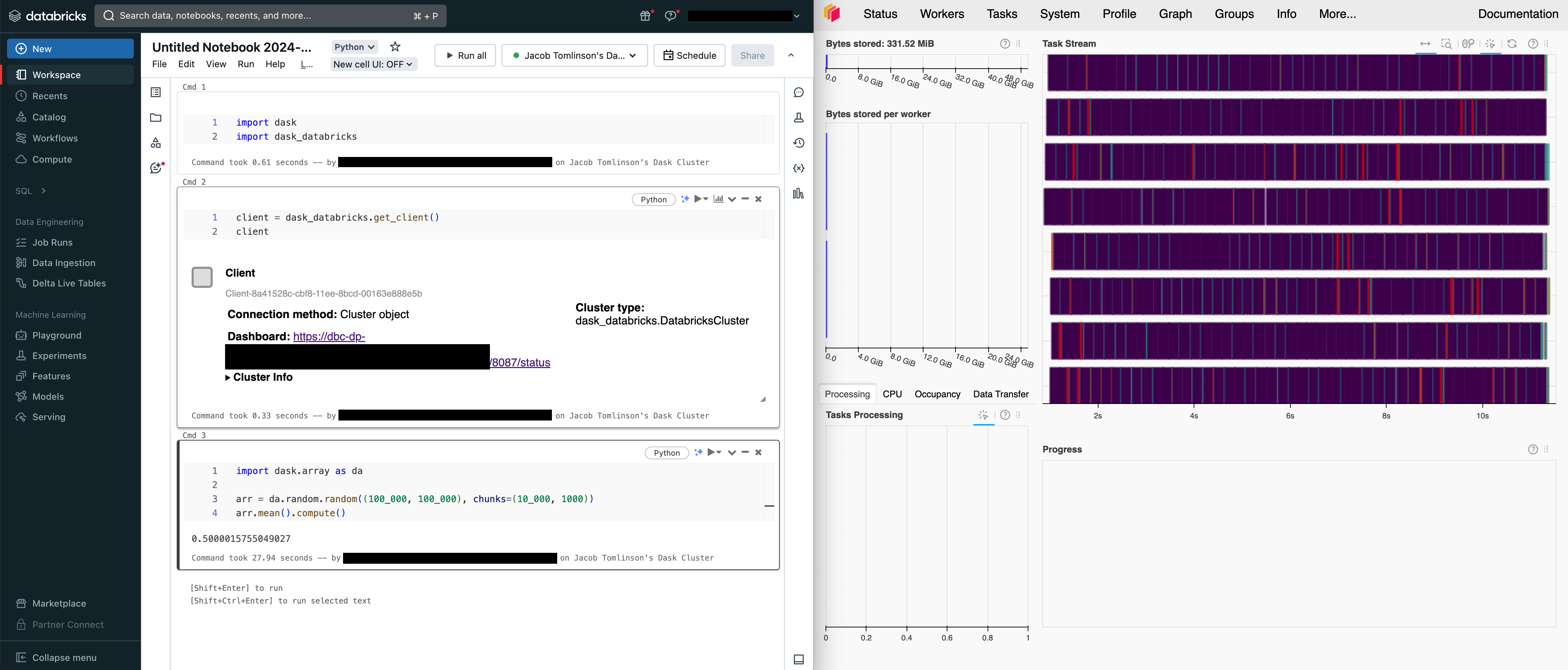 Screenshot of a Databricks notebook running the above code example with the Dask dashboard open next to it showing the resulting distributed computation