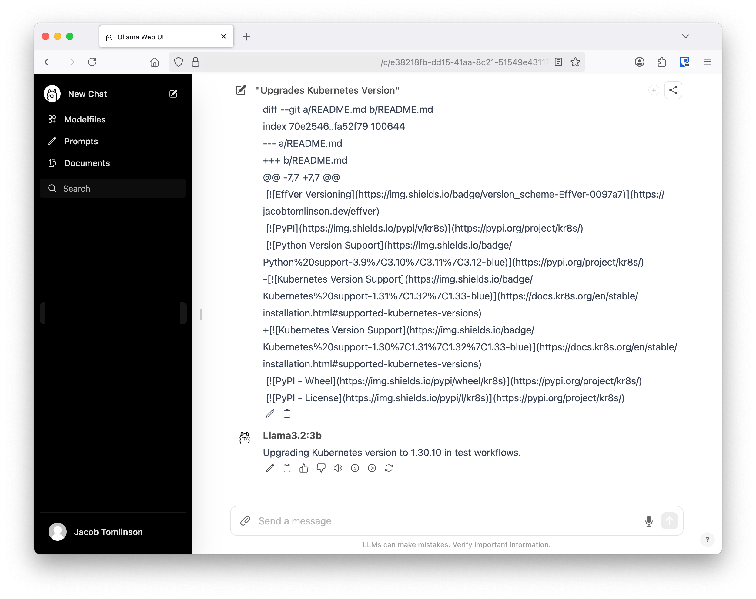 The ollama chat window showing some experiments