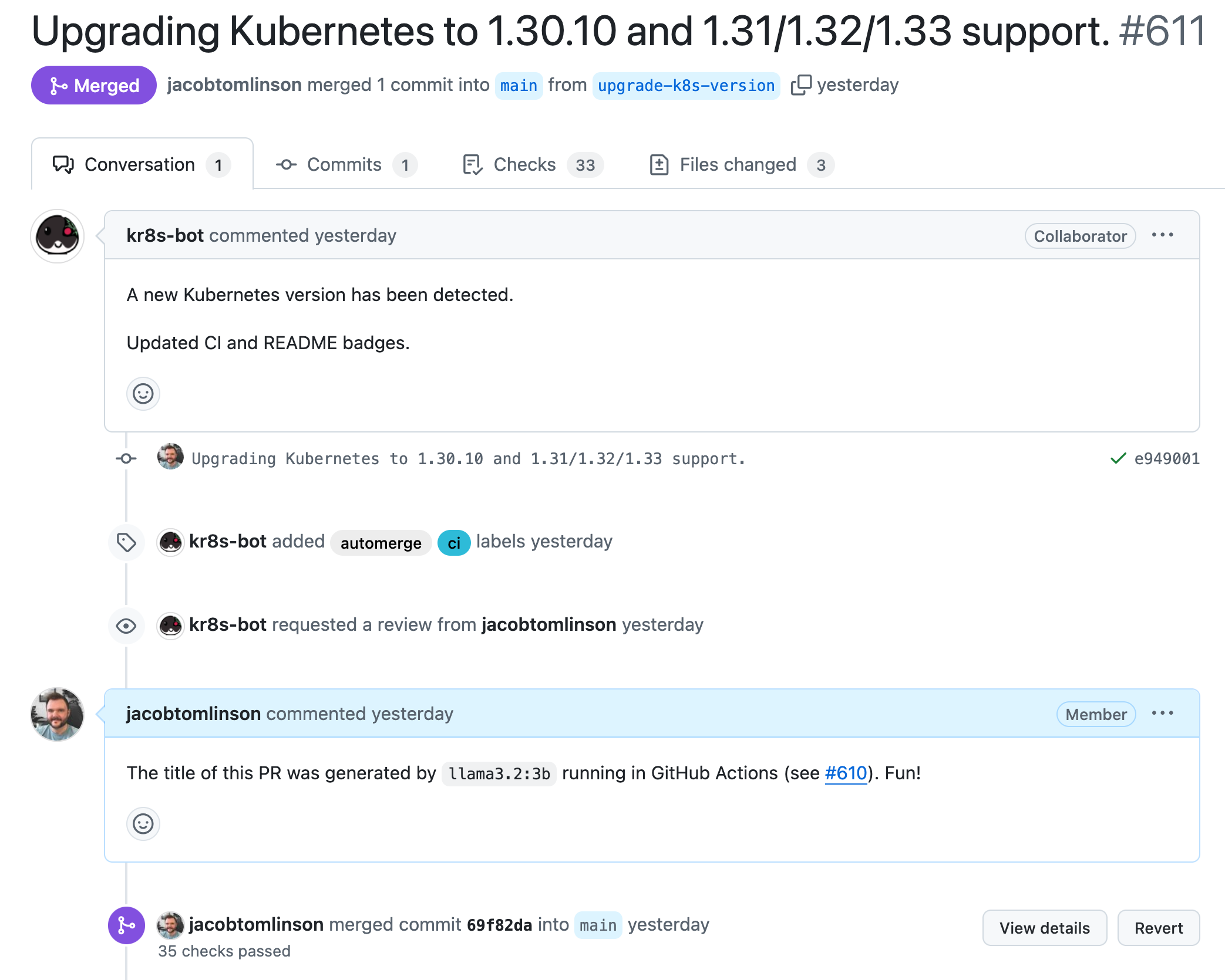 Screenshot of a pull request with the title ‘Upgrading Kubernetes to 1.30.10 and 1.31/1.32/1.33 support’