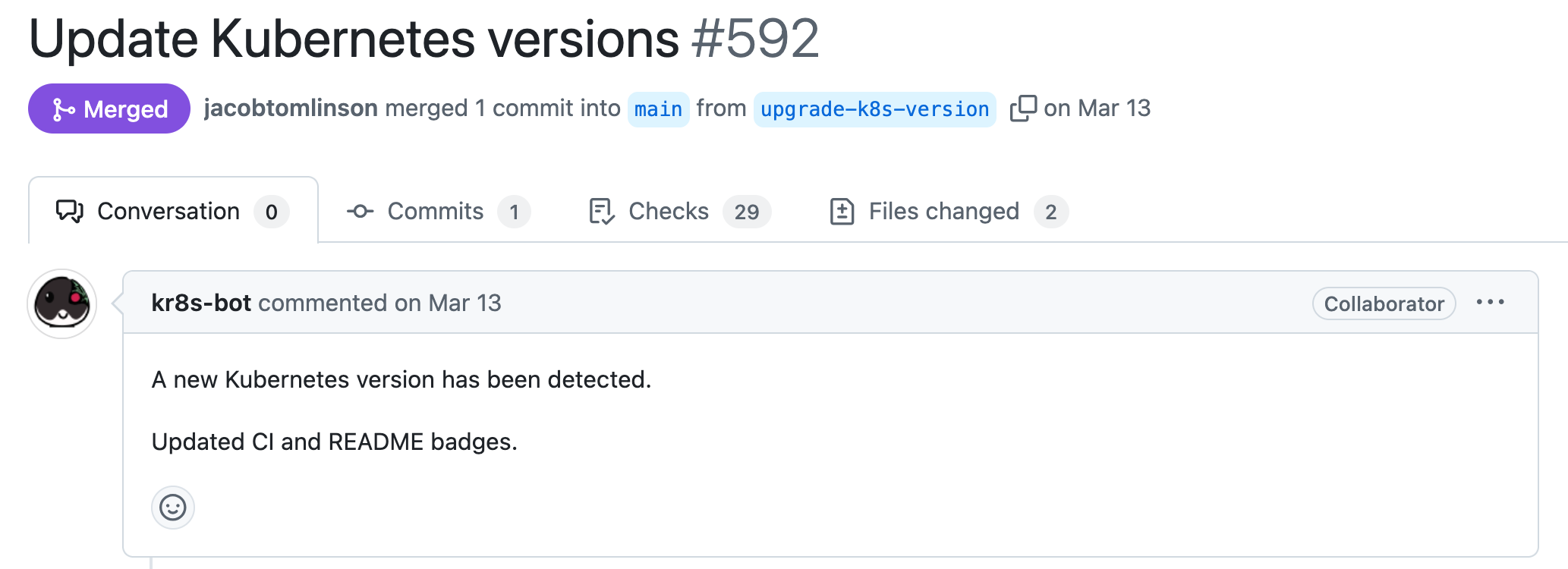 Screenshot of an example pull request