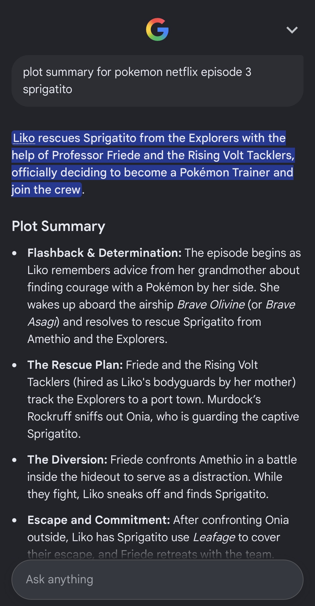 A screenshot of the Google Search &ldquo;plot for Pokemon netflix episode 3 Sprigatito&rdquo; followed by a bullet list summary