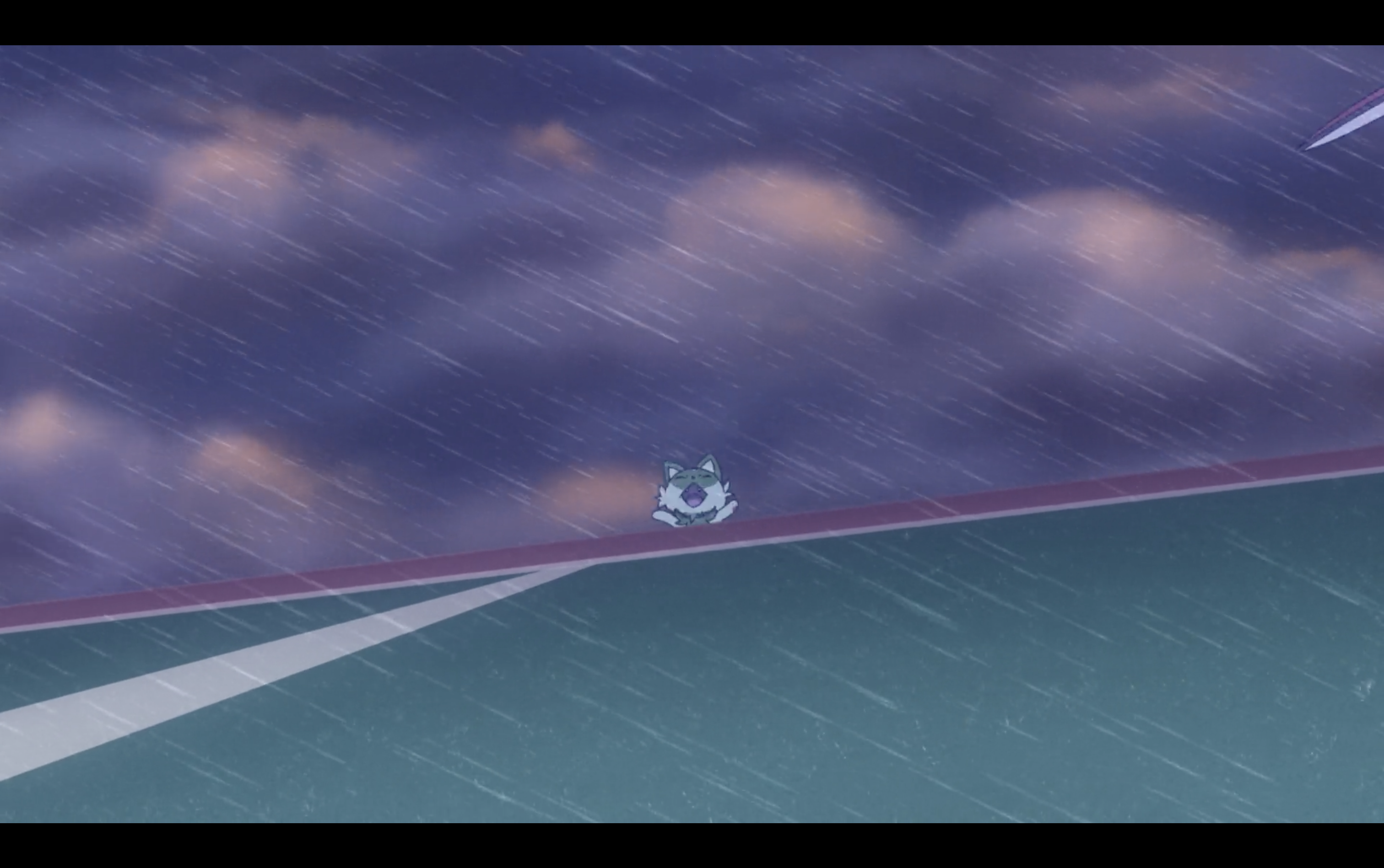 Sprigatito being blown overboard on an airship at the end of Pokémon - The Pendant That Starts It All: Part Two