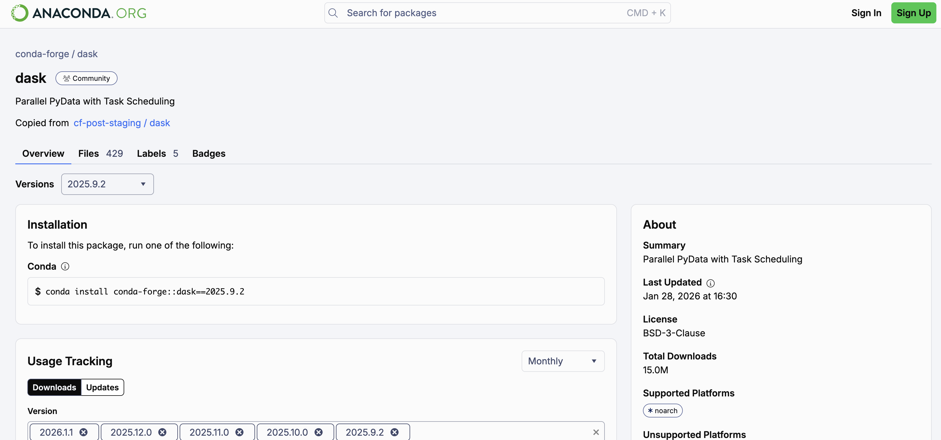 Screenshot of the Dask Conda Forge package on Anaconda showing the 2025.9.2 release